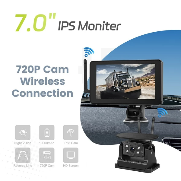 7" Monitor Car Wireless Solar Reversing Camera For Truck Bus Van Rear View Kit